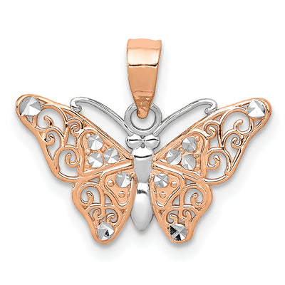 14K Rose Gold w/Rhodium Diamond-cut Butterfly Pendant, 14 x 18mm