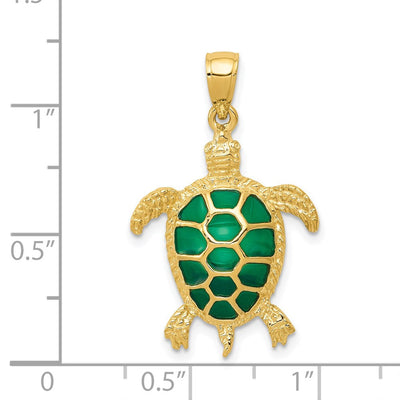 14K Green Enameled Sea Turtle Pendant, 29 x 18mm