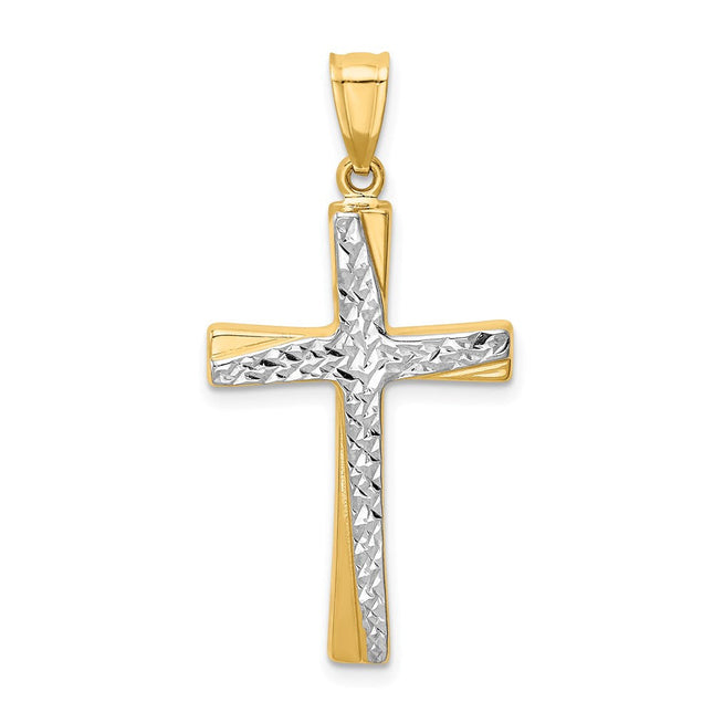 14K w/Rhodium Diamond-Cut Cross Pendant, 37 x 18mm