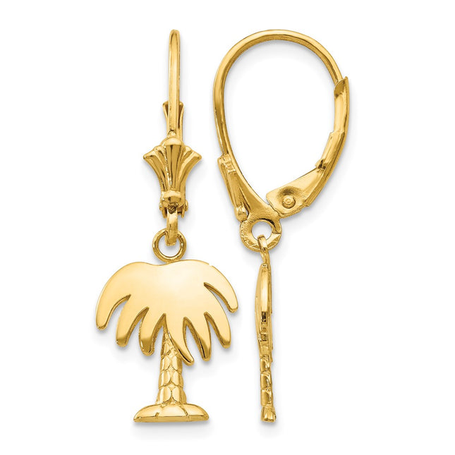 14K Palm Tree Leverback Earrings, 29 x 10mm