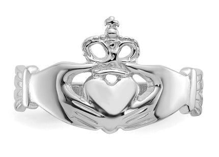14K White Gold Polished Royal Crown Claddagh Ring, view 4