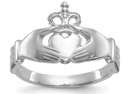 14K White Gold Polished Royal Crown Claddagh Ring