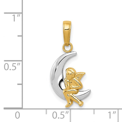 14K and Rhodium Polished Moon w/ Angel Pendant