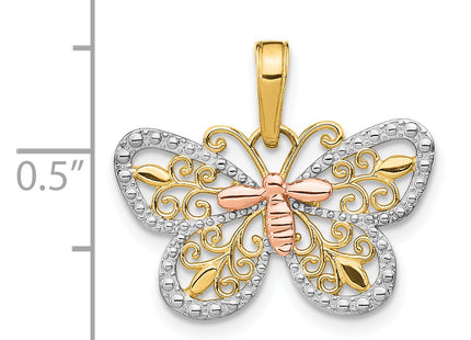 14k Two-tone w/White Rhodium Diamond-cut Butterfly Pendant, 14 x 21mm