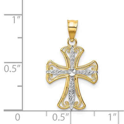 14K w/Rhodium Diamond-Cut Cross Pendant, 18 x 14mm
