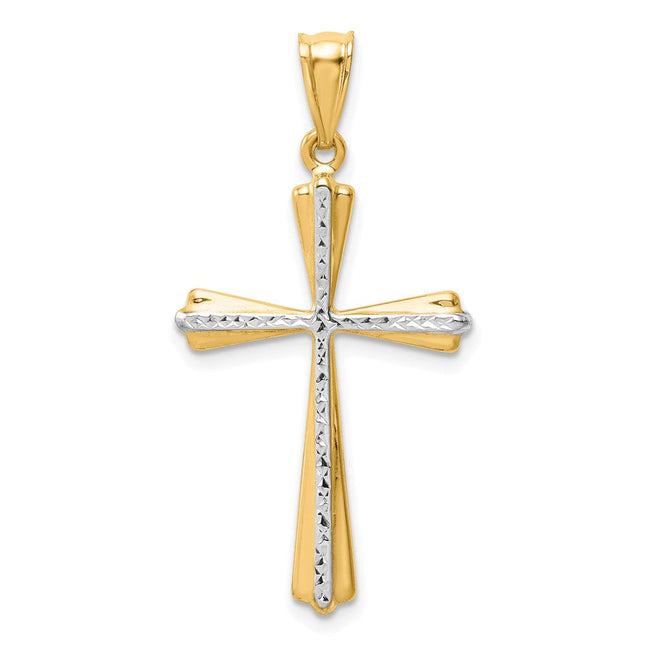 14K w/Rhodium Diamond-Cut Cross Pendant, 30 x 19mm