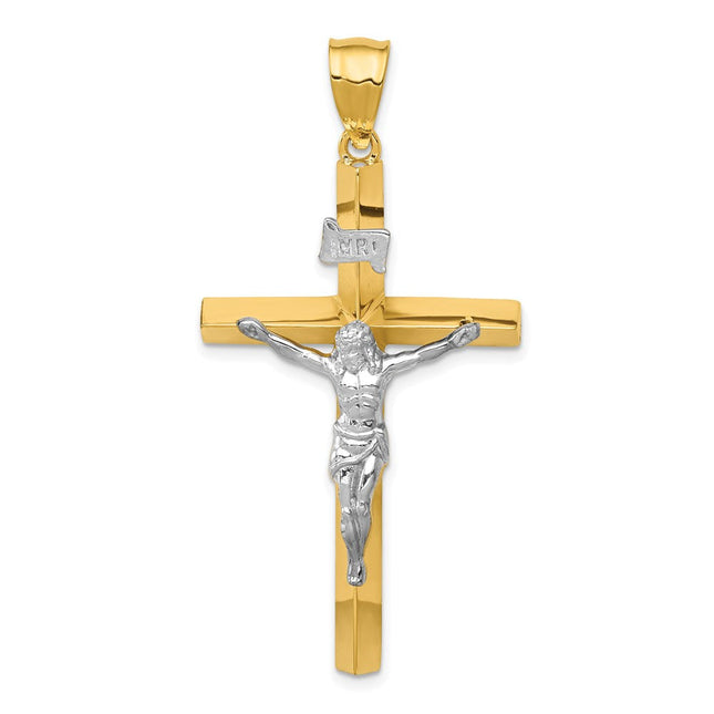 14k Two-tone Inri Hollow Crucifix Pendant, 50 x 26mm