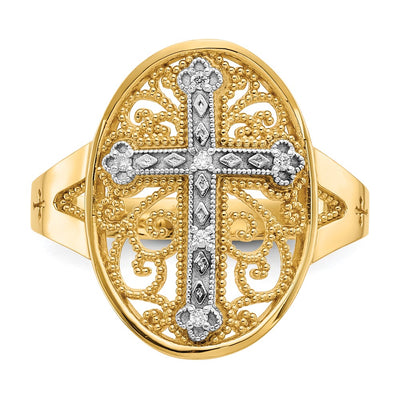 14K Yellow & White Gold Diamond Filigree Cross Ring