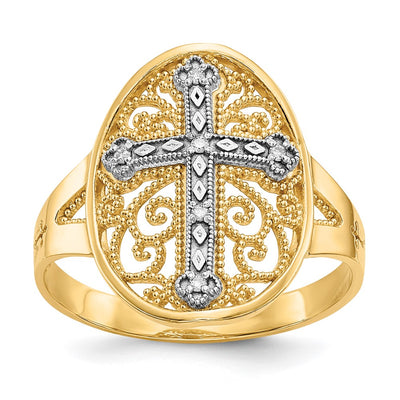 14K Yellow & White Gold Diamond Filigree Cross Ring