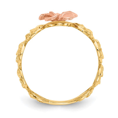 14K Yellow & Rose Gold Diamond-cut Plumeria Flower Ring