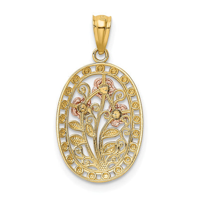 14K Yellow and Rose Gold w/White Rhodium Oval 3 Rose Pendant