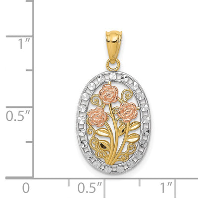 14K Yellow and Rose Gold w/White Rhodium Oval 3 Rose Pendant