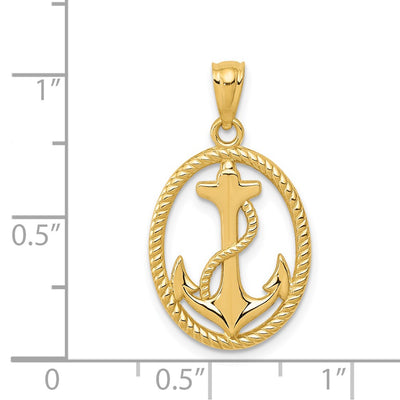 14K Gold Polished Anchor w/Rope Oval Pendant
