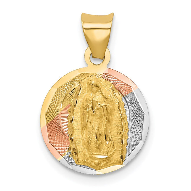 14K w/Rhodium Polished D/C Lady Of Guadalupe Circle Pendant, 19.3 x 13.5mm