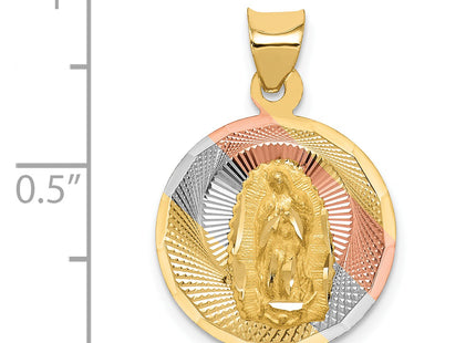 14K w/Rhodium Polished D/C Lady Of Guadalupe Circle Pendant, 23.4 x 16mm