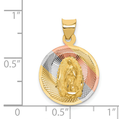 14K w/Rhodium Polished D/C Lady Of Guadalupe Circle Pendant, 23.4 x 16mm