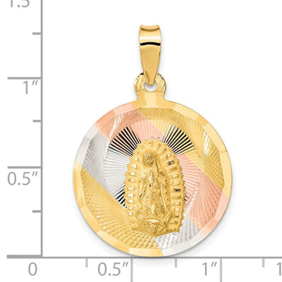 14K w/Rhodium Polished D/C Lady Of Guadalupe Circle Pendant, 34 x 23mm