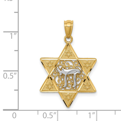 14K Two-tone Gold Polished Star of David w/Chai Pendant