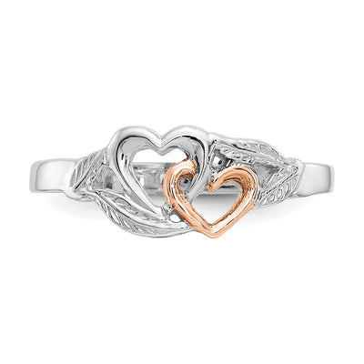 14K White and Rose Gold-Plated Polished Hearts and Leaves Ring