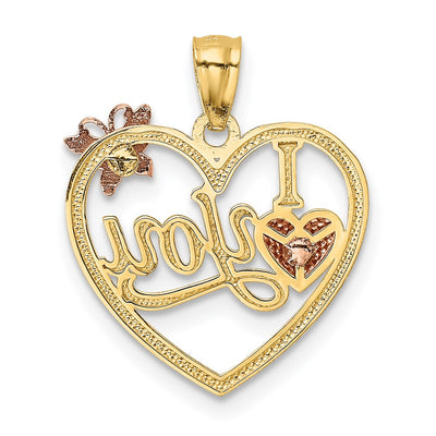 14K Two-tone w/White Rhod I LOVE YOU Heart w/Butterfly Pendant