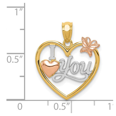 14K Two-tone w/White Rhod I LOVE YOU Heart w/Butterfly Pendant