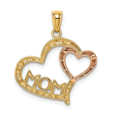 14K Two-tone w/White Rhodium Diamond-cut MOM in Heart w/Heart Pendant