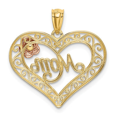 14K Two-tone w/White Rhodium D/C MOM in Heart w/Rose Pendant
