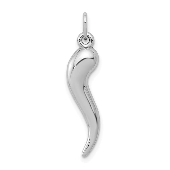 14k White Gold 3D Italian Horn Charm, 30 x 6.5mm