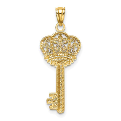 14K w/White Rhodium Polished Fleur De Lis Crown Key Charm
