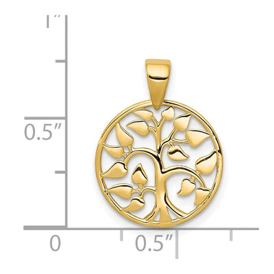 14K Gold Polished Tree in Circle Pendant