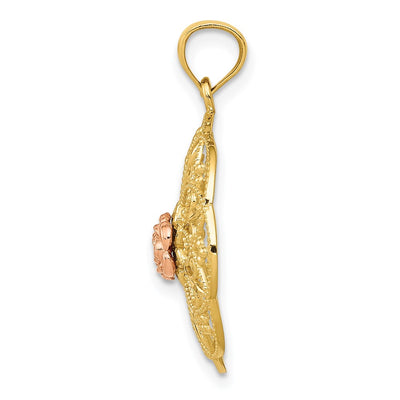 14K Yellow and Rose Polished Rose in Round Filigree Charm