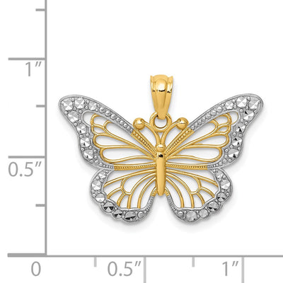 14K w/ Rhodium Diamond-cut Polished Open Butterfly Pendant