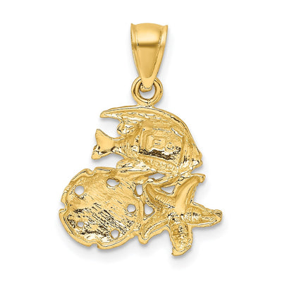 14K Satin Diamond-cut Fish, Starfish and Sand Dollar Pendant