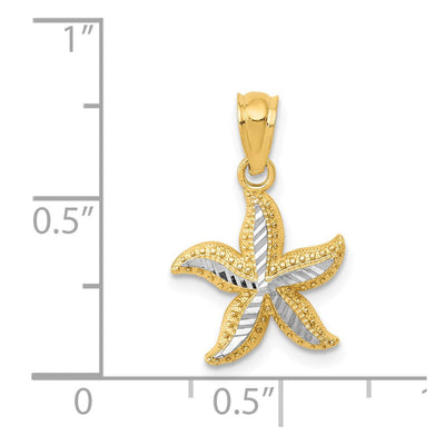 14K with White Rhodium Diamond-cut Starfish Pendant, 19 x 12mm