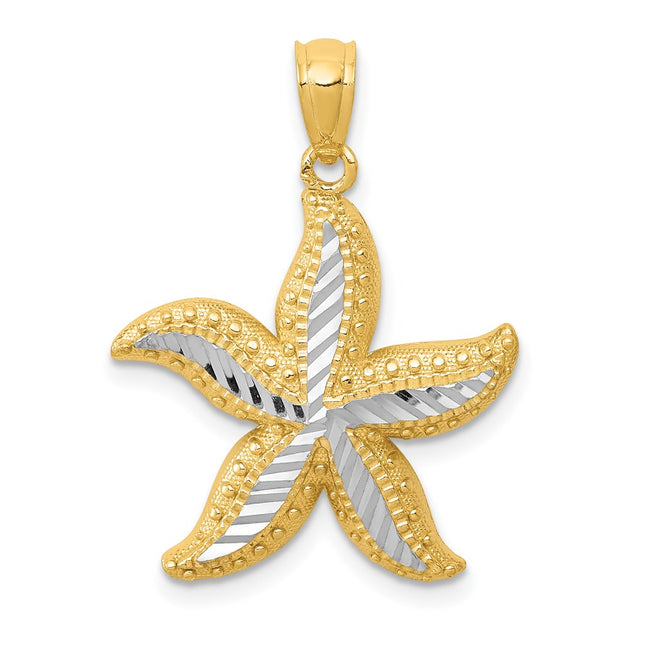 14k with White Rhodium Diamond-cut Starfish Pendant, 25 x 18.5mm
