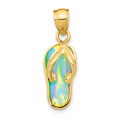 14K Polished 3D w/Created White Opal Flip Flop Pendant