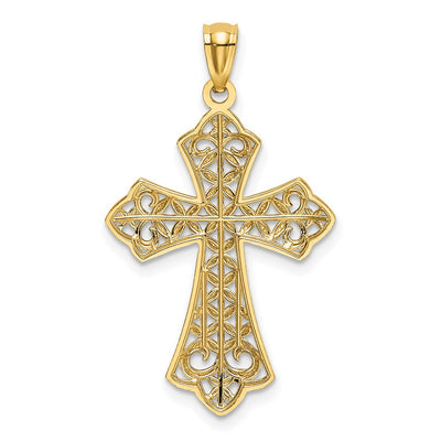 14K w/Rhodium Polished D/C Filigree Cross Pendant