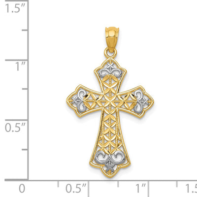 14K w/Rhodium Polished D/C Filigree Cross Pendant