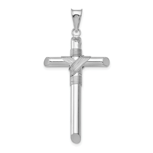 14K White Gold w/Center Wrap Tube Cross Pendant, 42.76 x 22.53mm