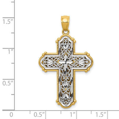 14K w/Rhodium Reversible Diamond-cut Filigree Cross Pendant