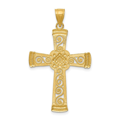14K w/Rhodium Diamond-cut Filigree Cross Pendant, 39 x 23mm