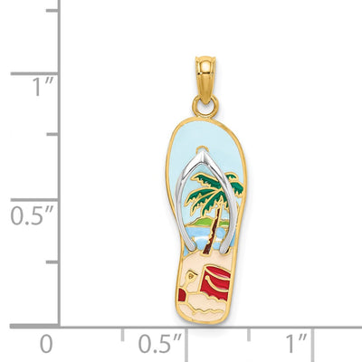 14K w/Rhodium 3D Enamel Palm Tree and Bucket Flip-Flop Charm