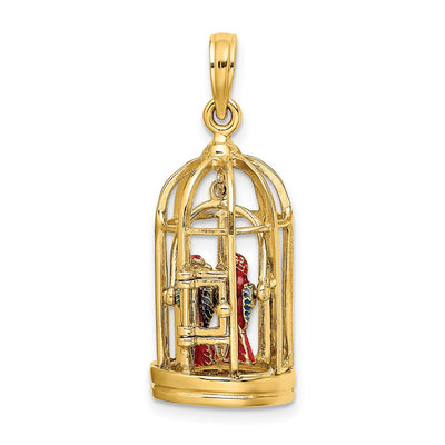 14K w/ Enamel 3-D Bird Cage w/ 2 Birds and Doors Open Charm