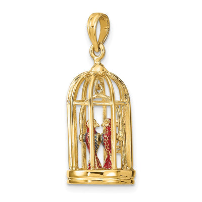 14K w/ Enamel 3-D Bird Cage w/ 2 Birds and Doors Open Charm