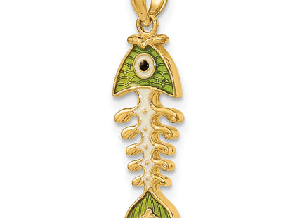 14k 3D Green Enamel Fish Bone Charm
