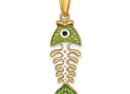 14k 3D Green Enamel Fish Bone Charm