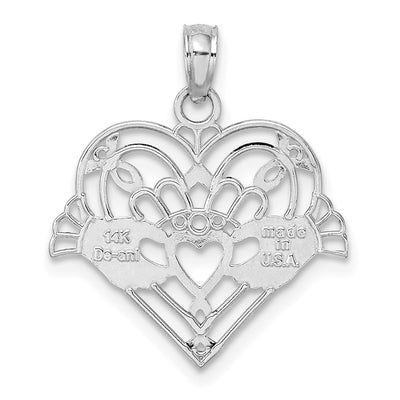 14K White Gold Polished and Beaded Claddagh In Heart Charm