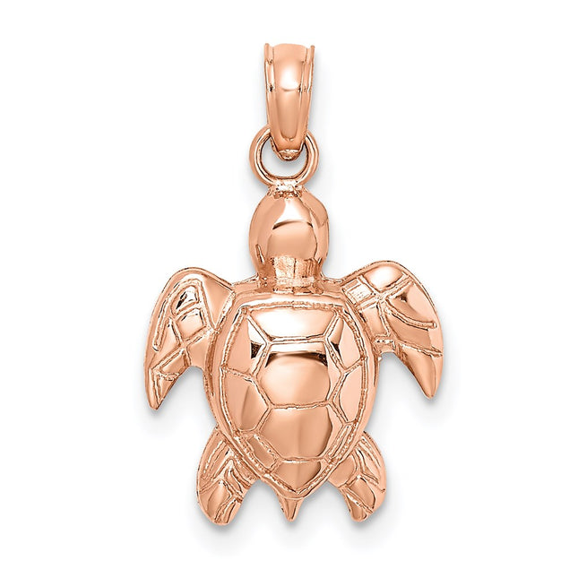 14k Rose Gold Textured Sea Turtle Charm, 14.75 x 12.7mm