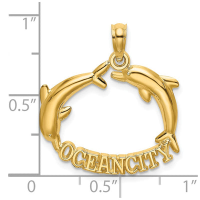 14K Polished OCEAN CITY w/ Jumping Dolphins Charm