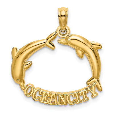 14K Polished OCEAN CITY w/ Jumping Dolphins Charm